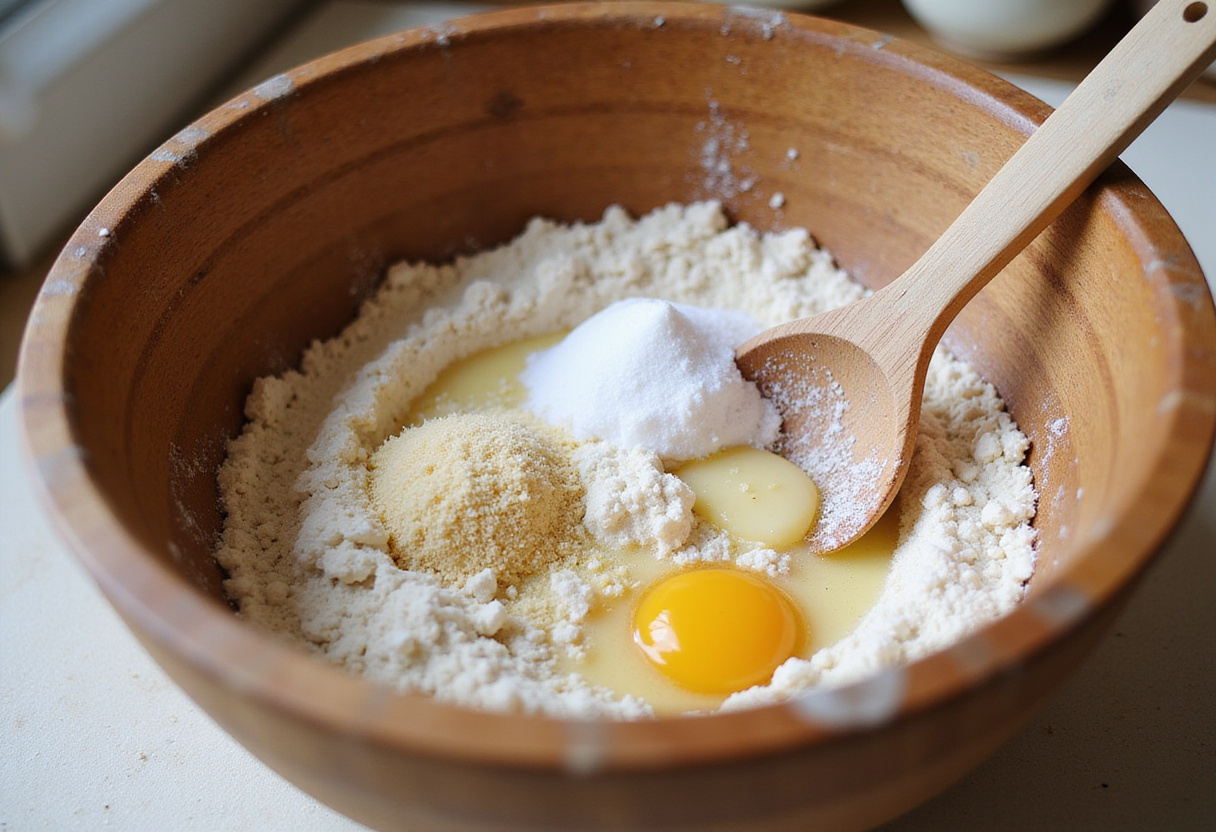 Dry ingredients being mixed in a bowl for Reka bread.
