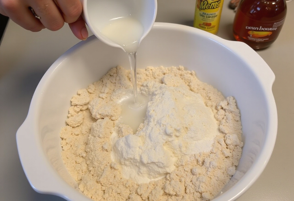 Warm water being added to dry ingredients for Reka bread recipe.