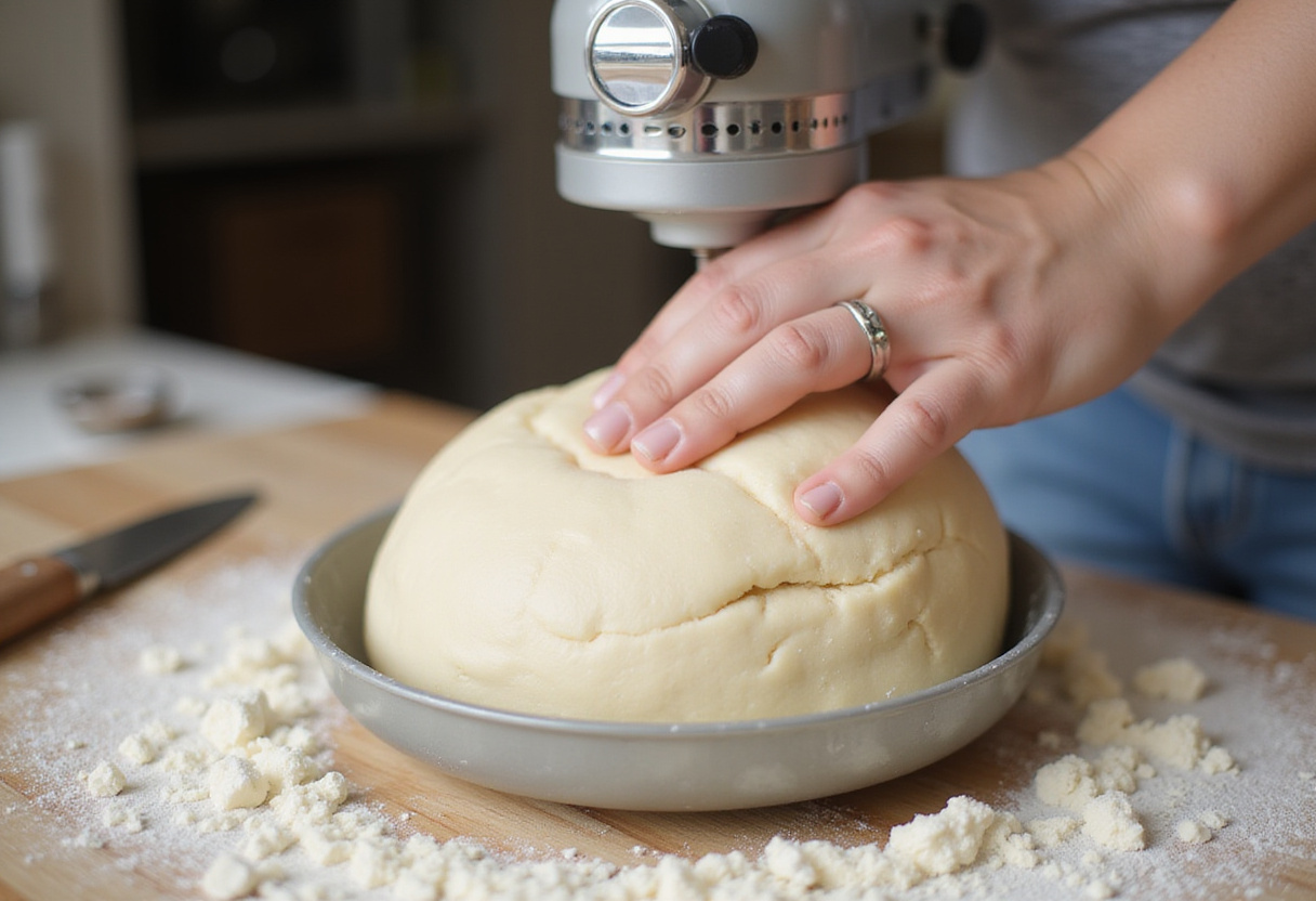 Dough being kneaded in a stand mixer for Reka bread.