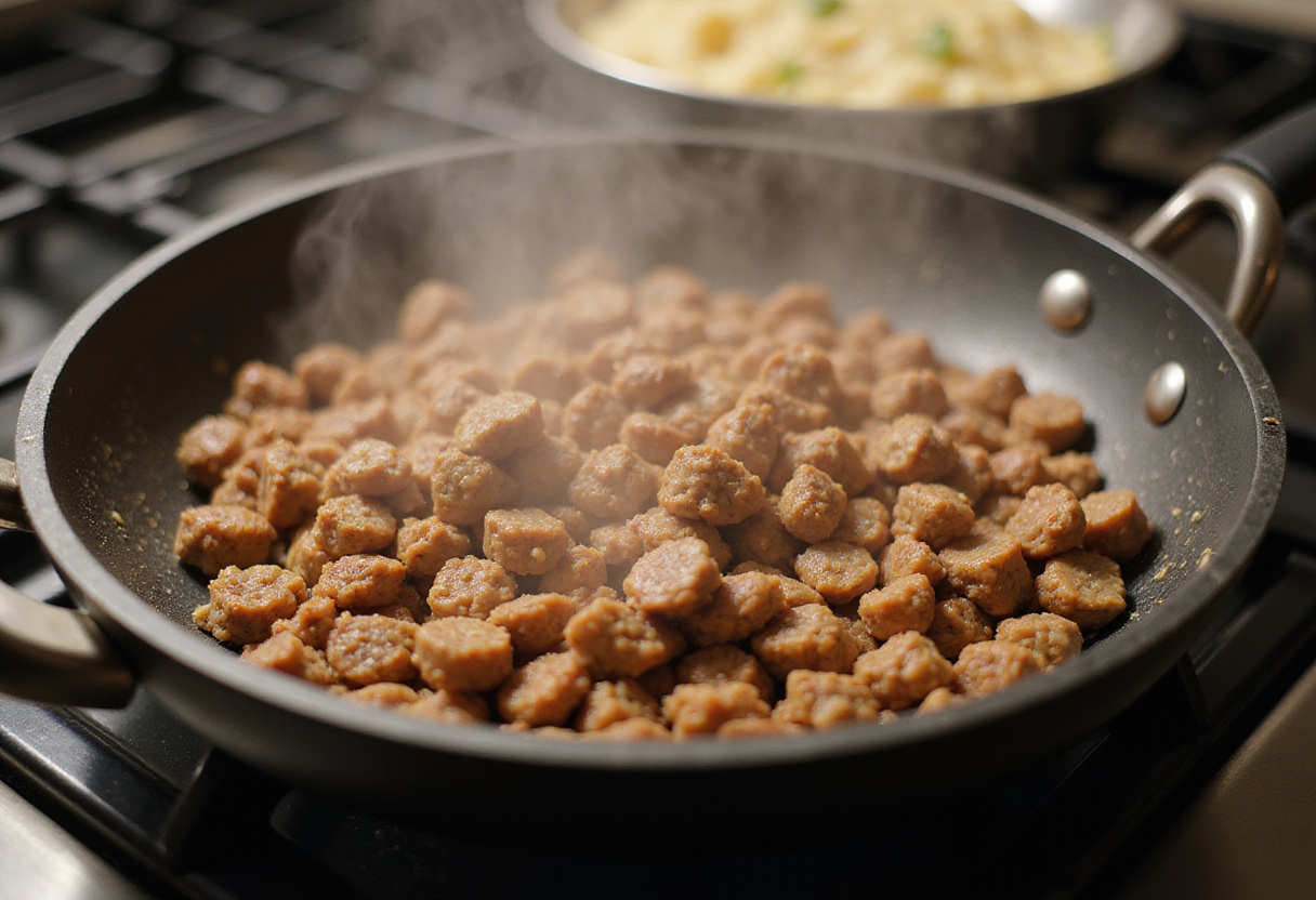 Ground sausage cooking in a skillet for Rotel Cream Cheese Sausage Balls.