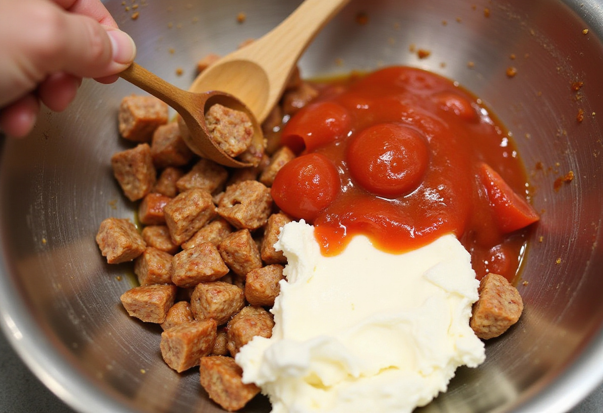 Mixing Rotel cream cheese sausage ball ingredients in a bowl.