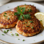 Delicious plated salmon cakes garnished with dill and lemon.