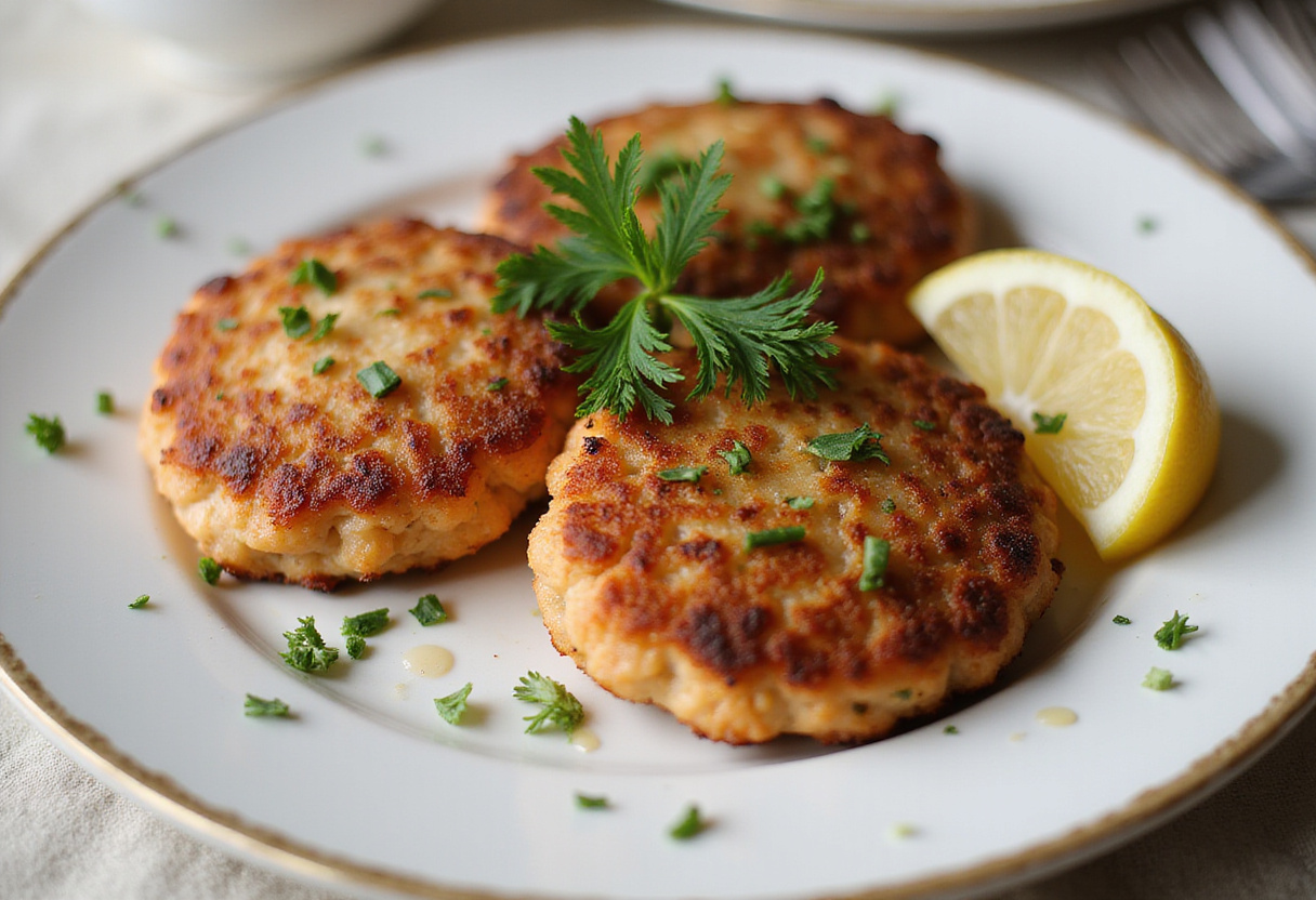 Delicious plated salmon cakes garnished with dill and lemon.