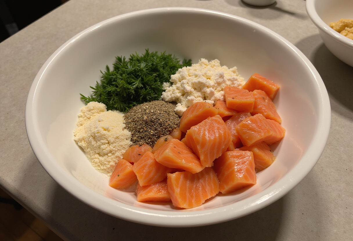 Ingredients prepped for making salmon cakes recipe on a kitchen counter.