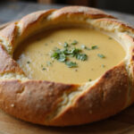 Finished sourdough bread bowl with soup filling.