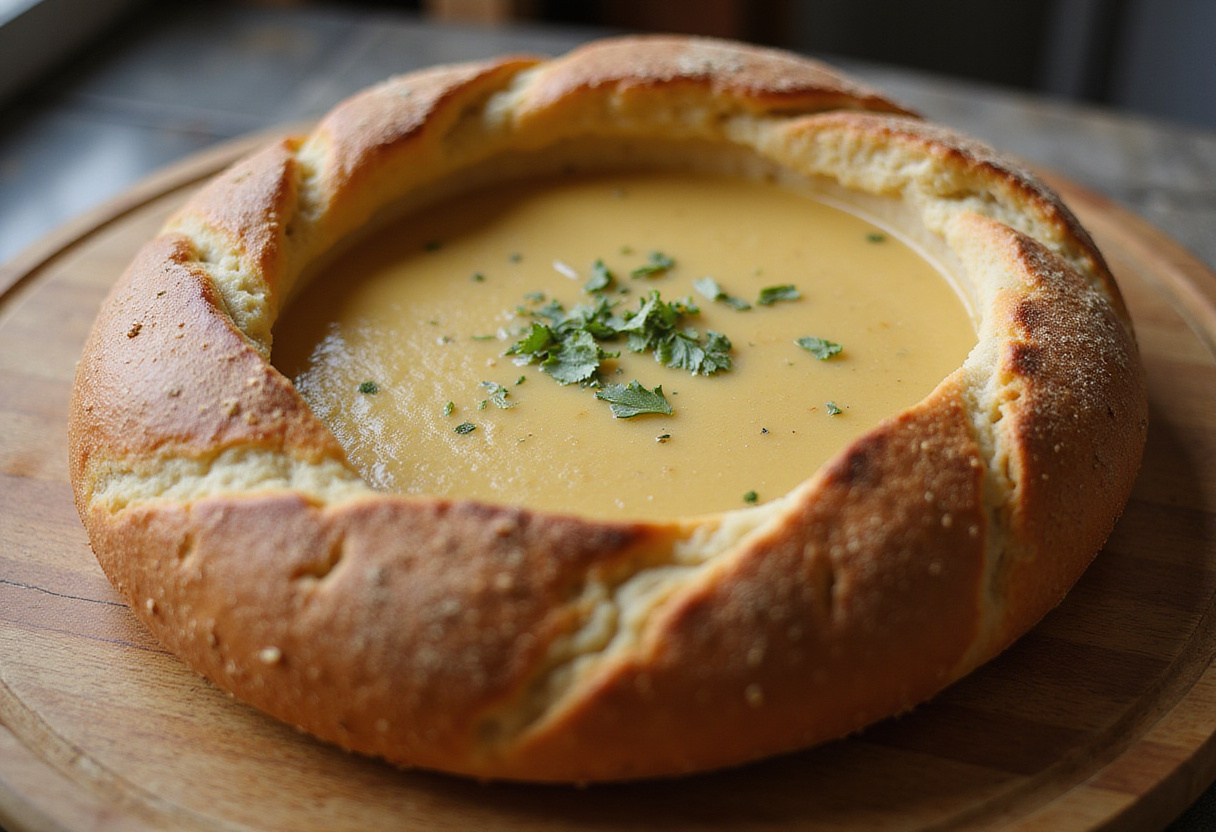 Finished sourdough bread bowl with soup filling.