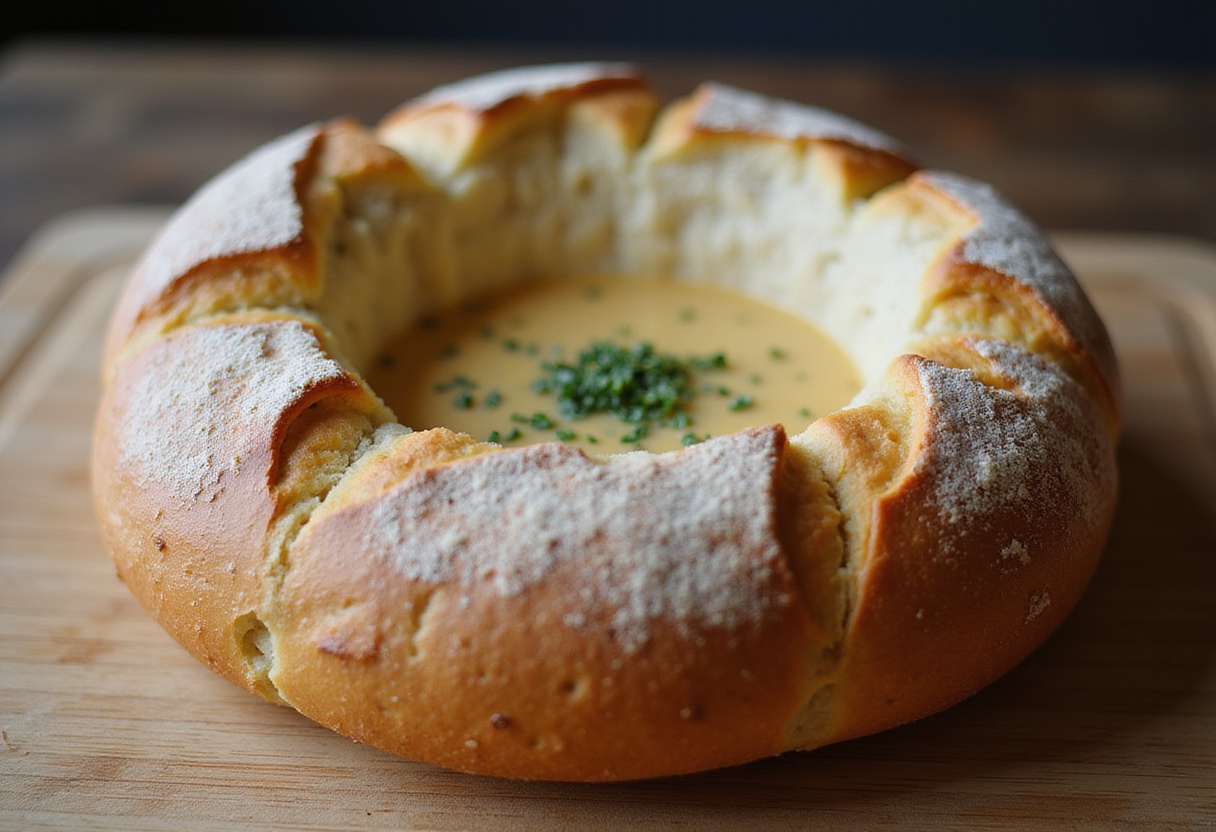 Finished sourdough bread bowl with soup filling.