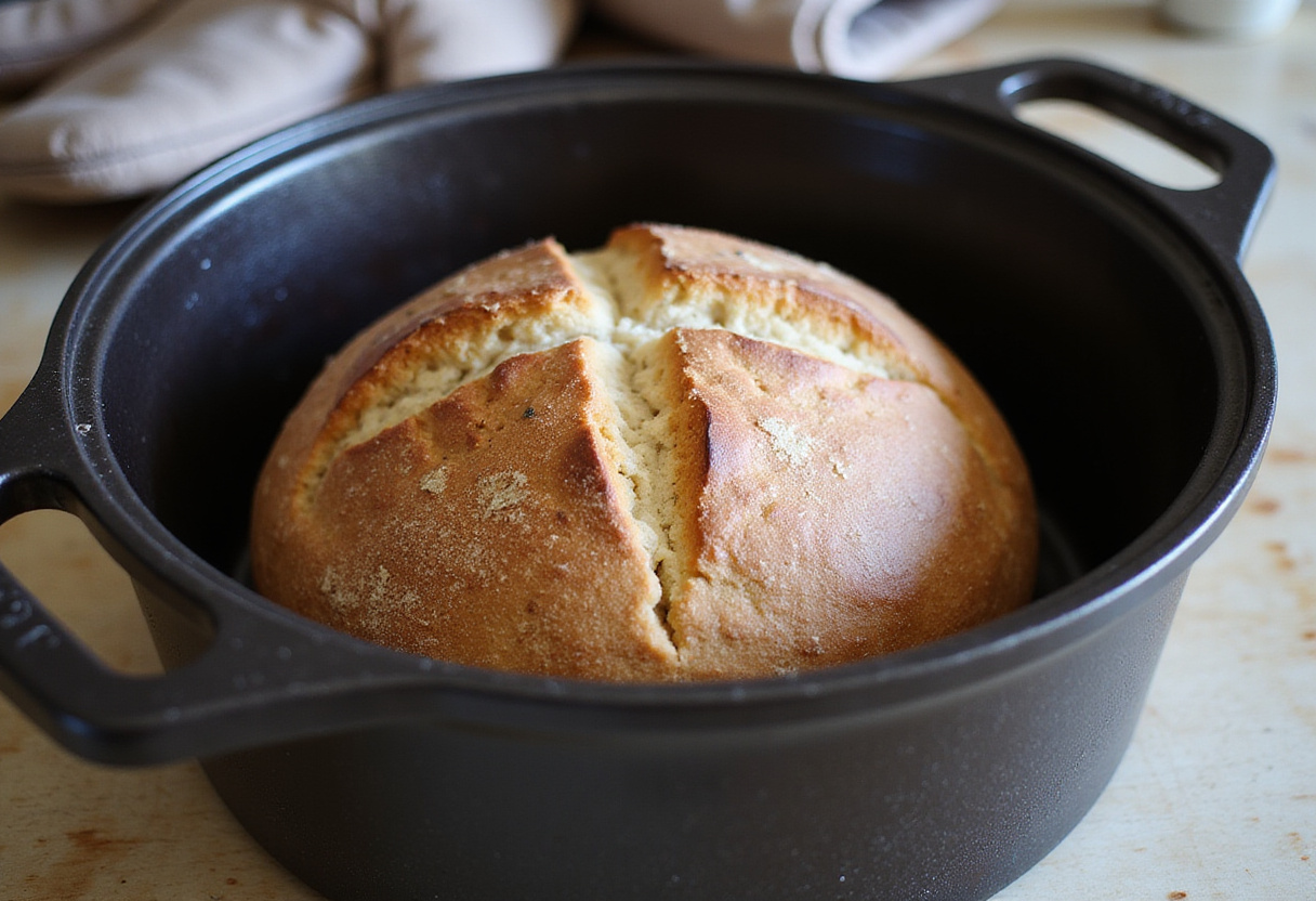 Sourdough bread loaf in a dutch oven ready for baking.