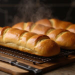 Freshly baked homemade sub bread loaves cooling on a rack.