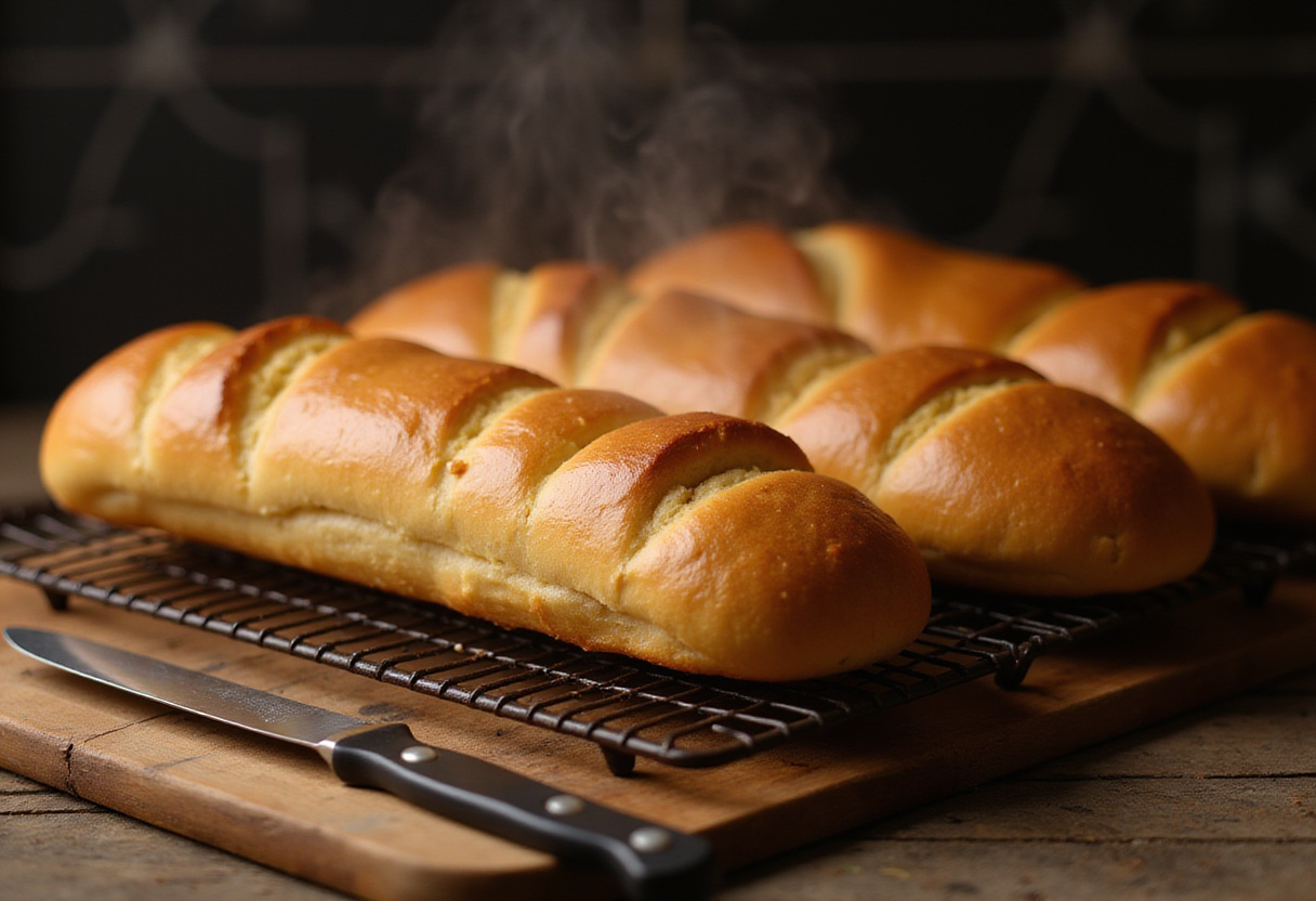 Freshly baked homemade sub bread loaves cooling on a rack.