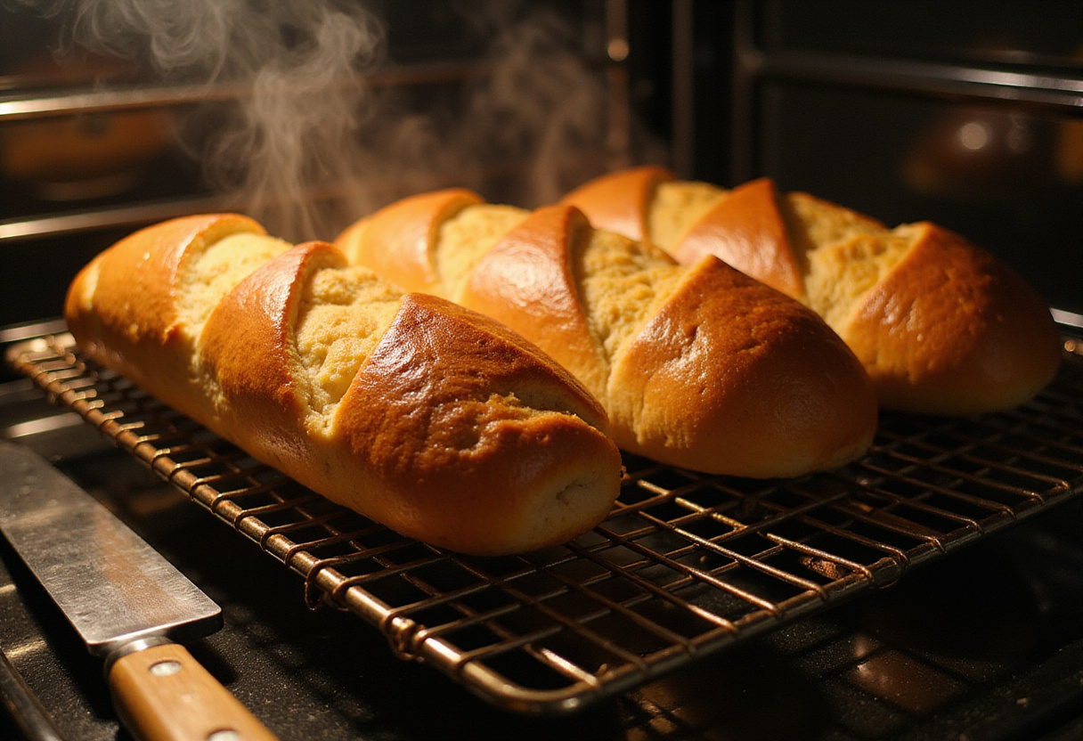 Freshly baked homemade sub bread loaves cooling on a rack.