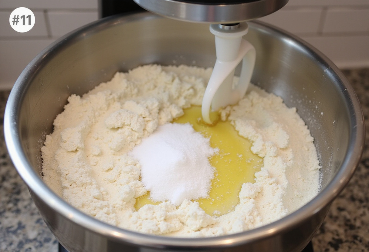 Combining dry and wet ingredients for sub bread dough.
