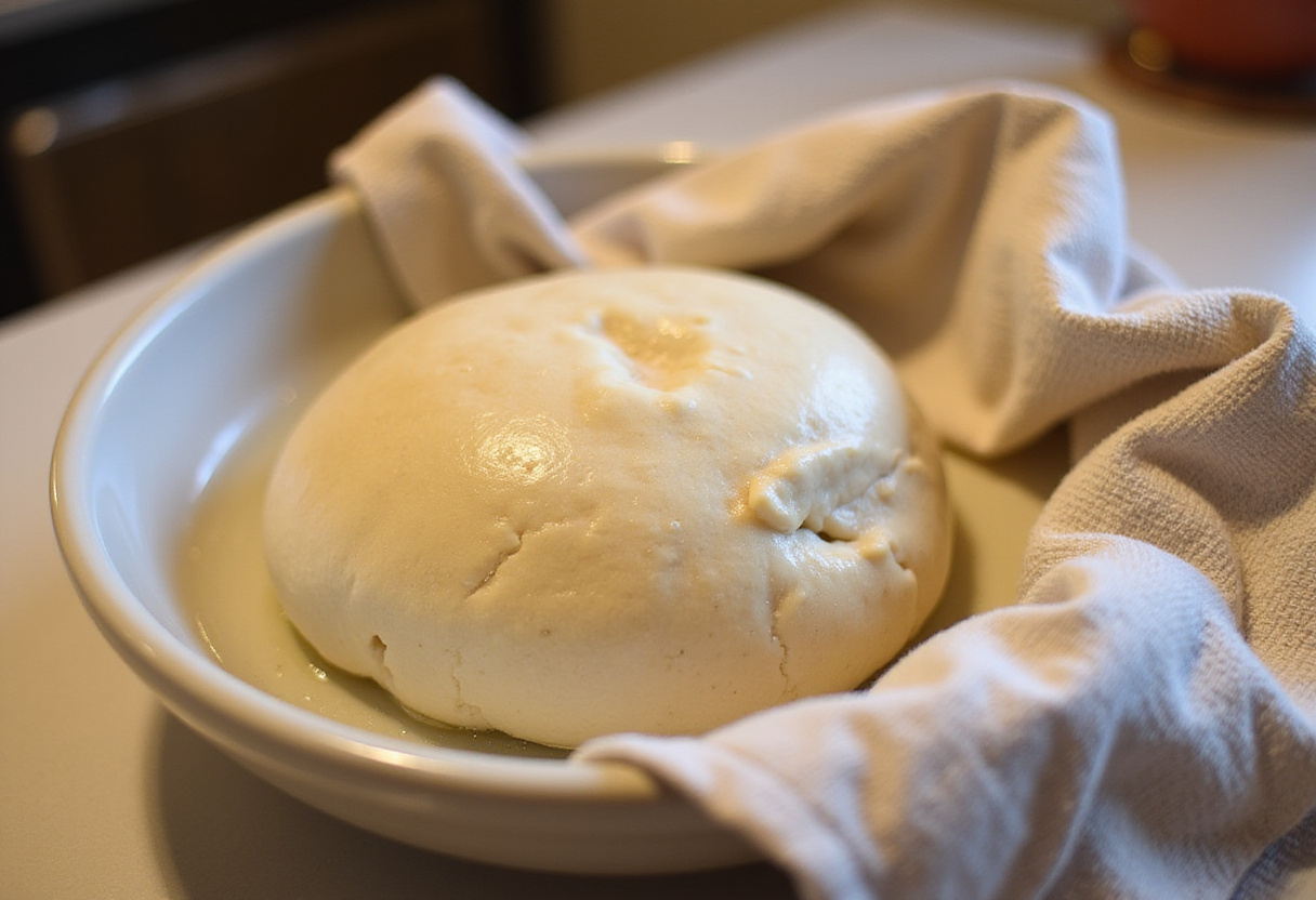 Sub bread dough proofing in a bowl covered with a towel.