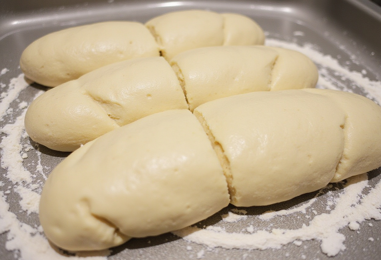 Shaping sub bread loaves on a floured surface.