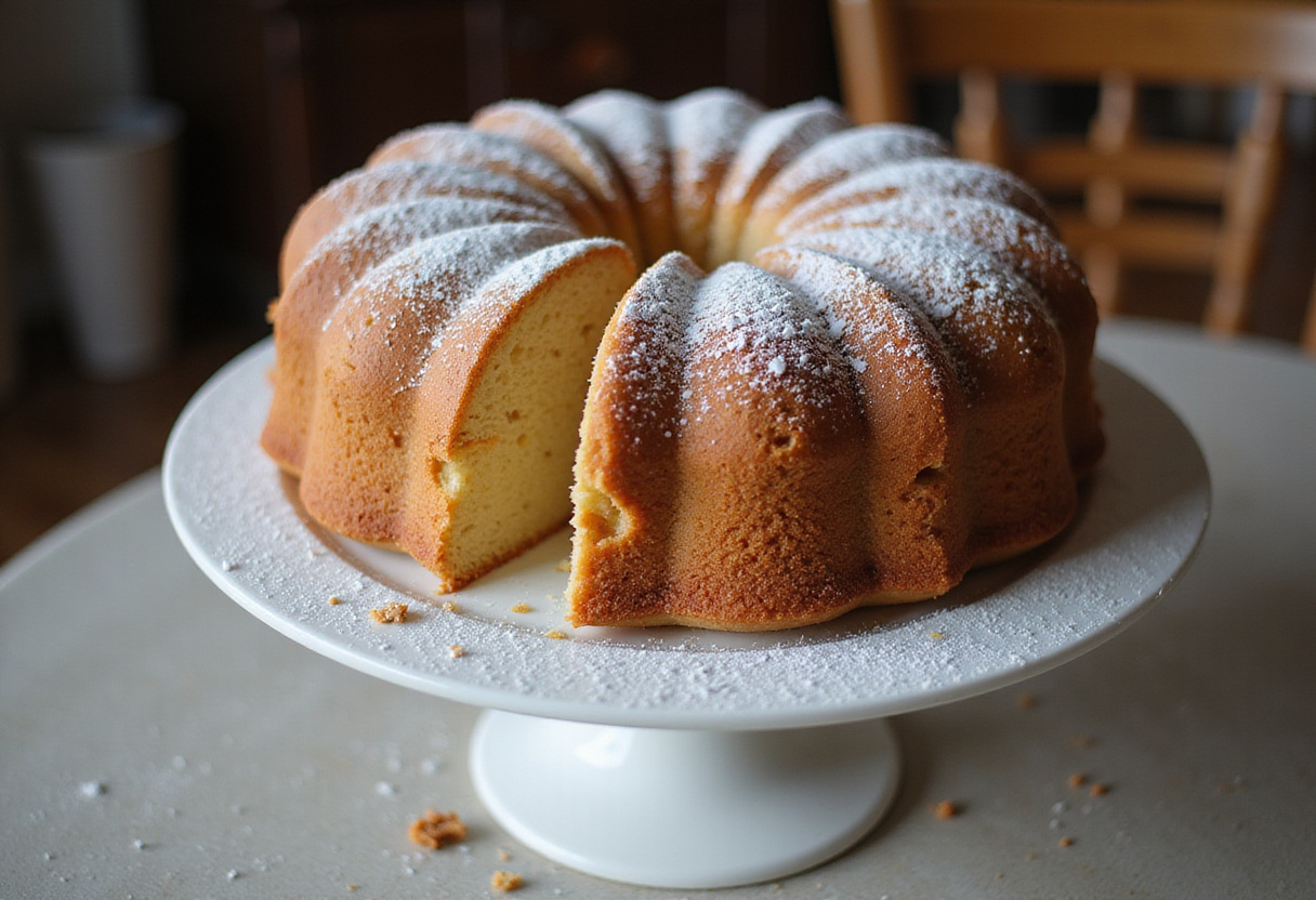 Finished vintage cake with powdered sugar on a cake stand.