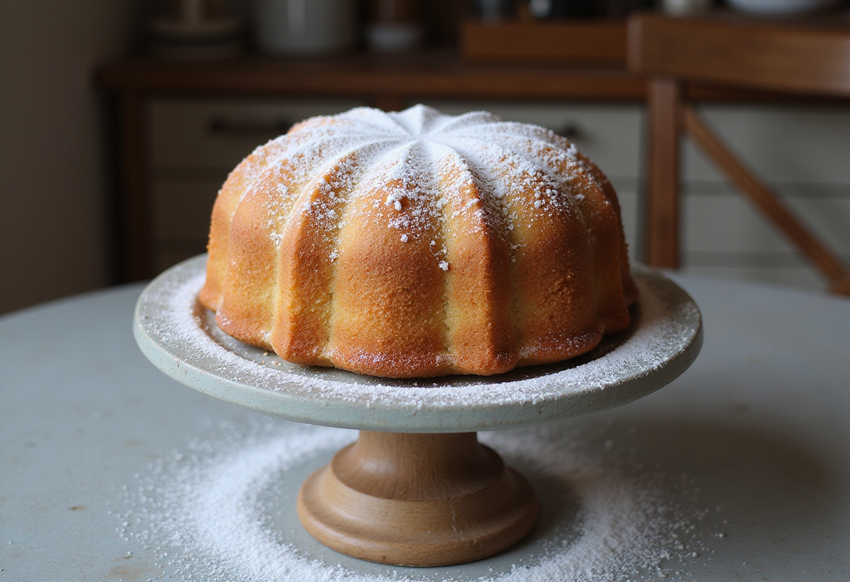 Finished vintage cake with powdered sugar on a cake stand.