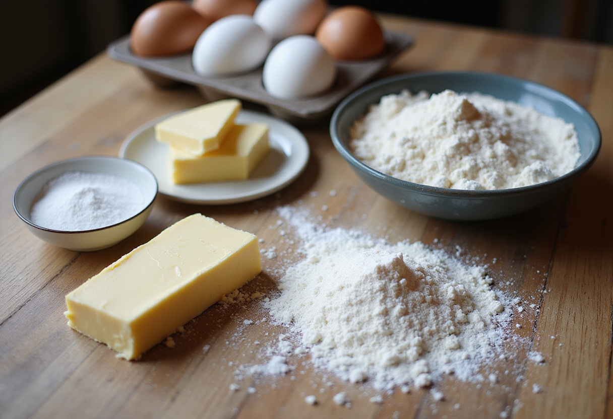 Ingredients prepped on wooden table for making a vintage cake.