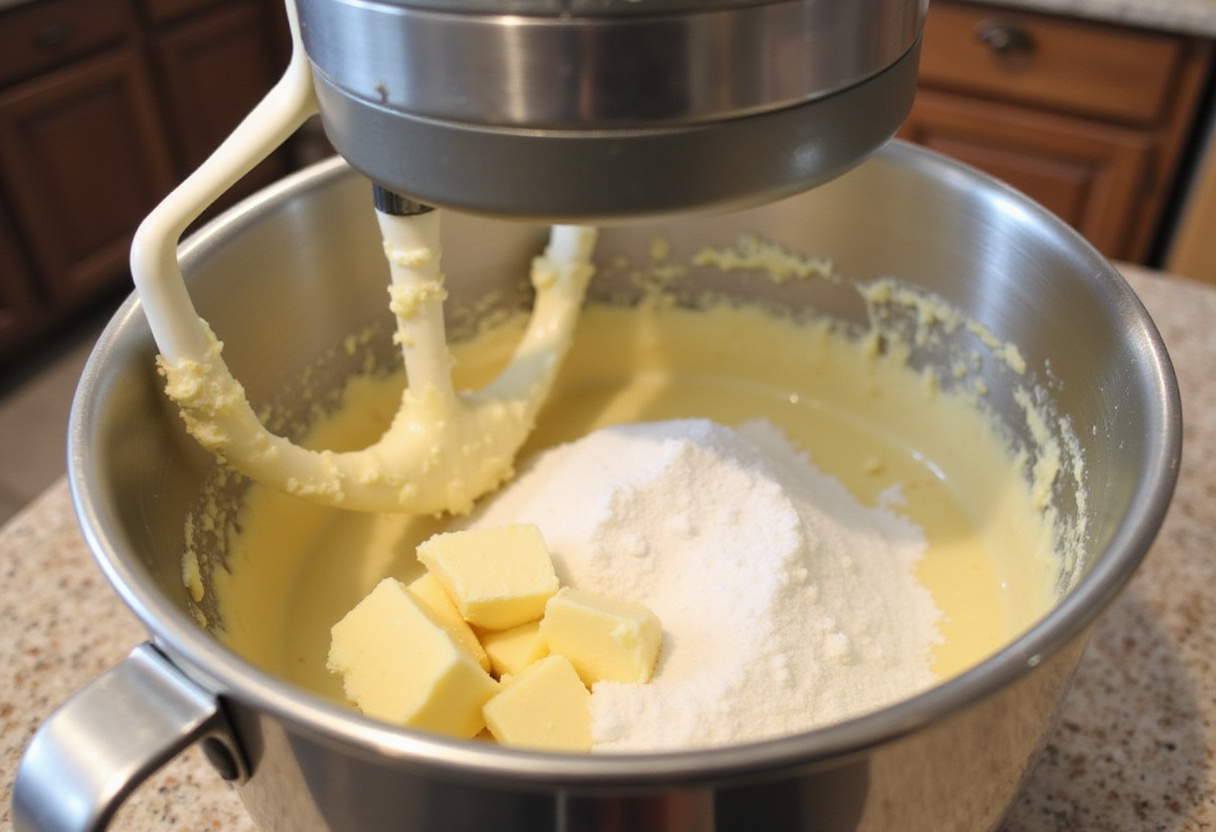Creaming butter and sugar in a mixer for a vintage cake recipe.