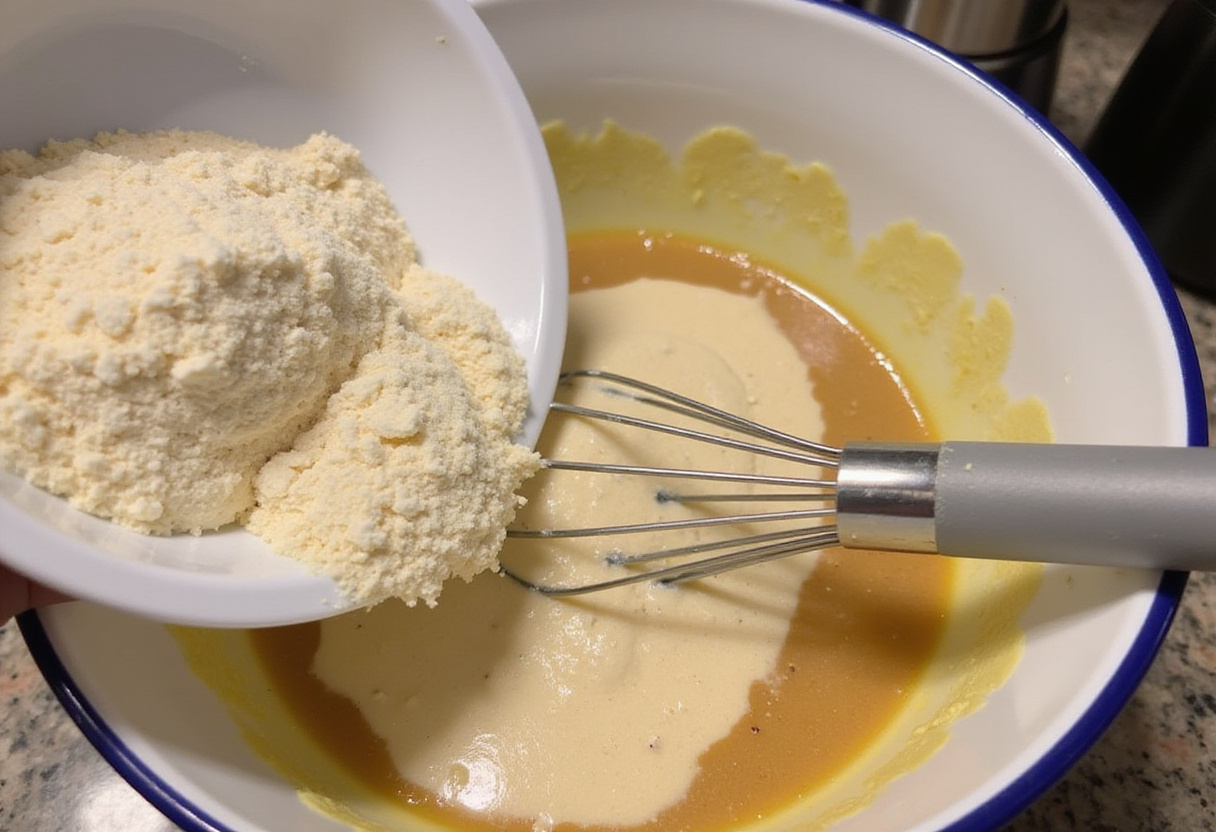 Dry ingredients being added to wet ingredients for vintage cake batter.