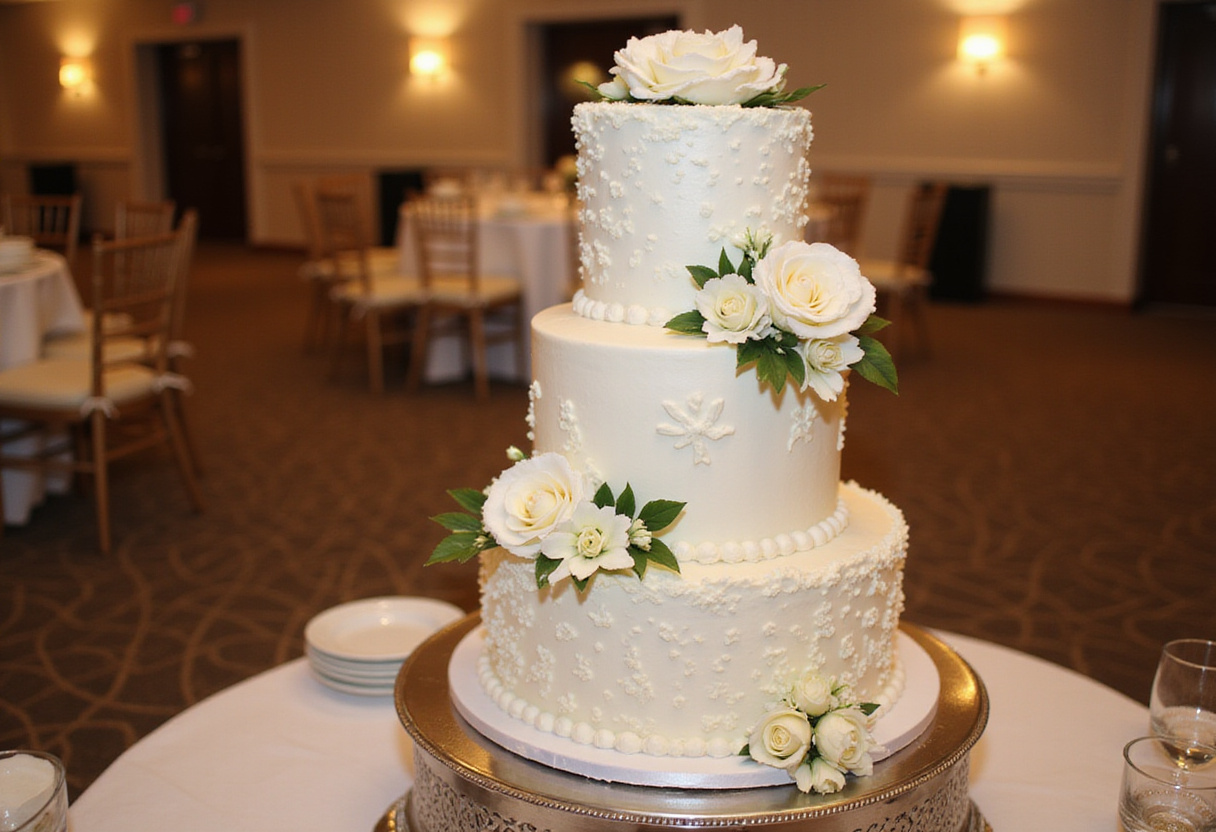 Beautifully decorated three-tiered wedding cake for a wedding reception.