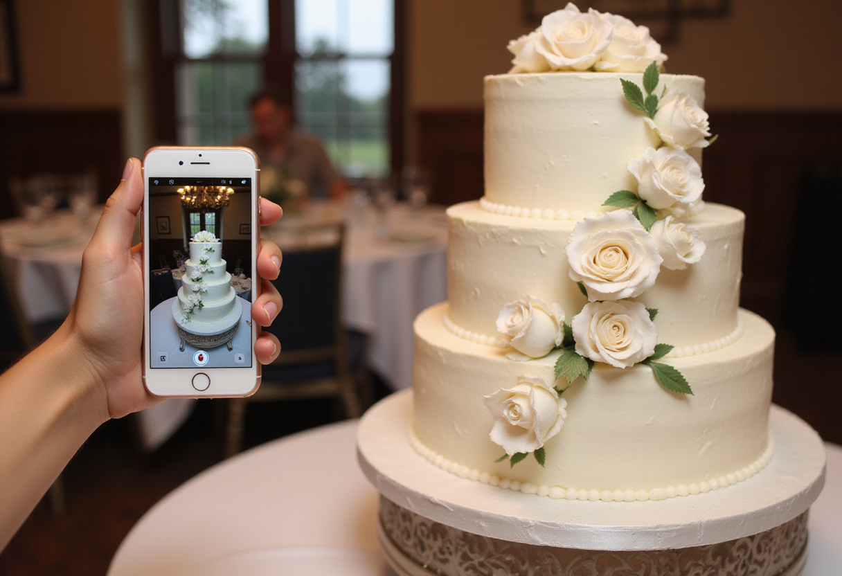 Beautifully decorated three-tiered wedding cake for a wedding reception.