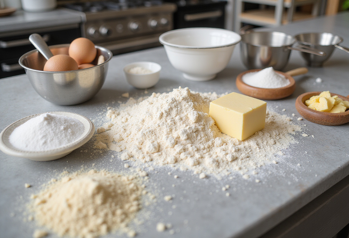 Baking ingredients and tools laid out on a kitchen counter for making wedding cakes.