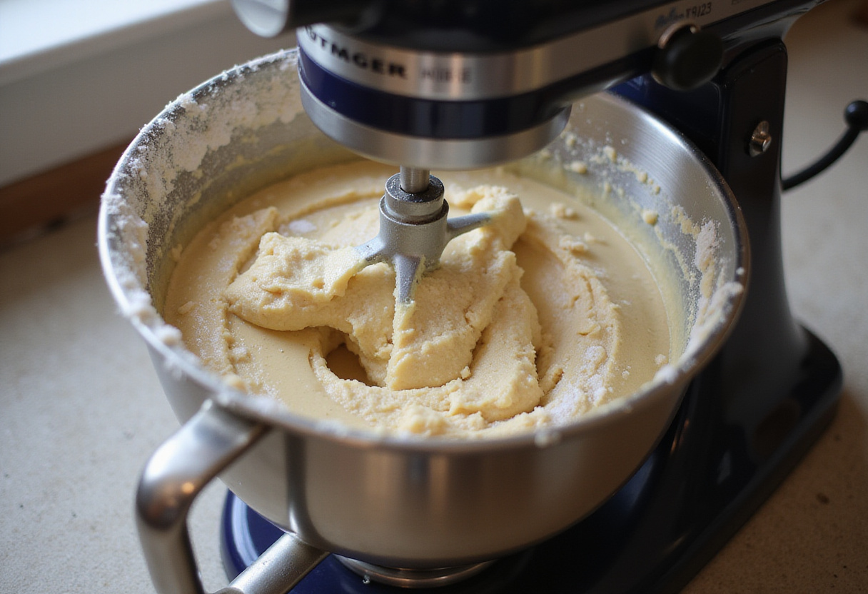 Cake batter being mixed in a stand mixer for wedding cakes.