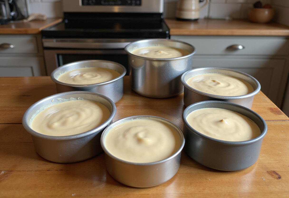 Cake pans filled with batter ready to bake, for making tiered wedding cakes.