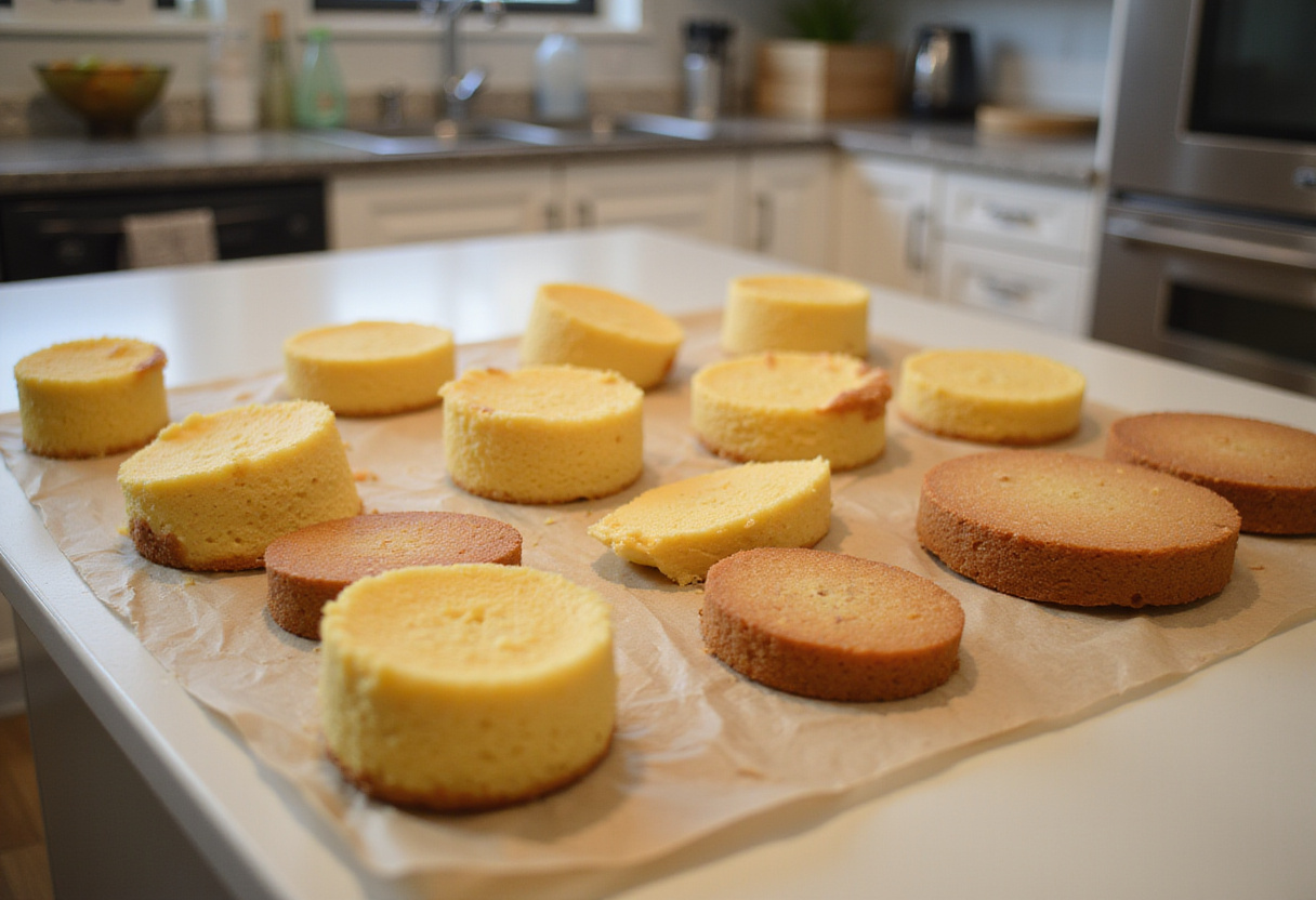 Cooled cake layers ready for frosting and assembling a wedding cake.