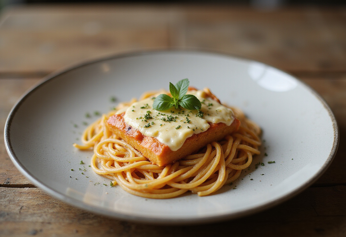 Delicious baked cream cheese spaghetti casserole served on a plate, showcasing the perfect blend of flavors and textures.