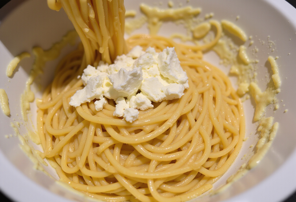 Cream cheese and cooked spaghetti mixing together in a bowl for baked cream cheese spaghetti casserole.