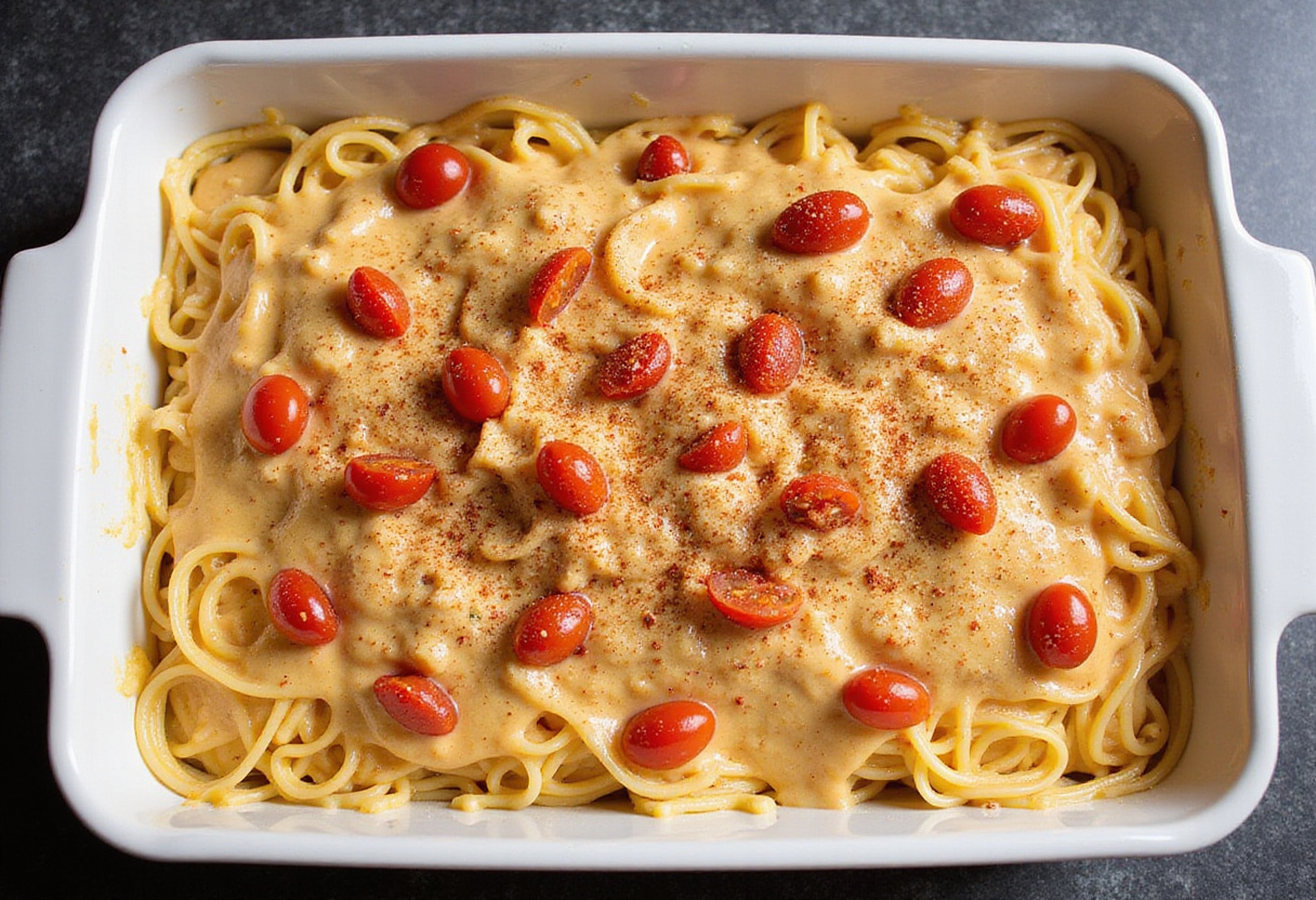 Filling a baking dish with a mixture of cream cheese spaghetti, showcasing the preparation for baked cream cheese spaghetti casserole.