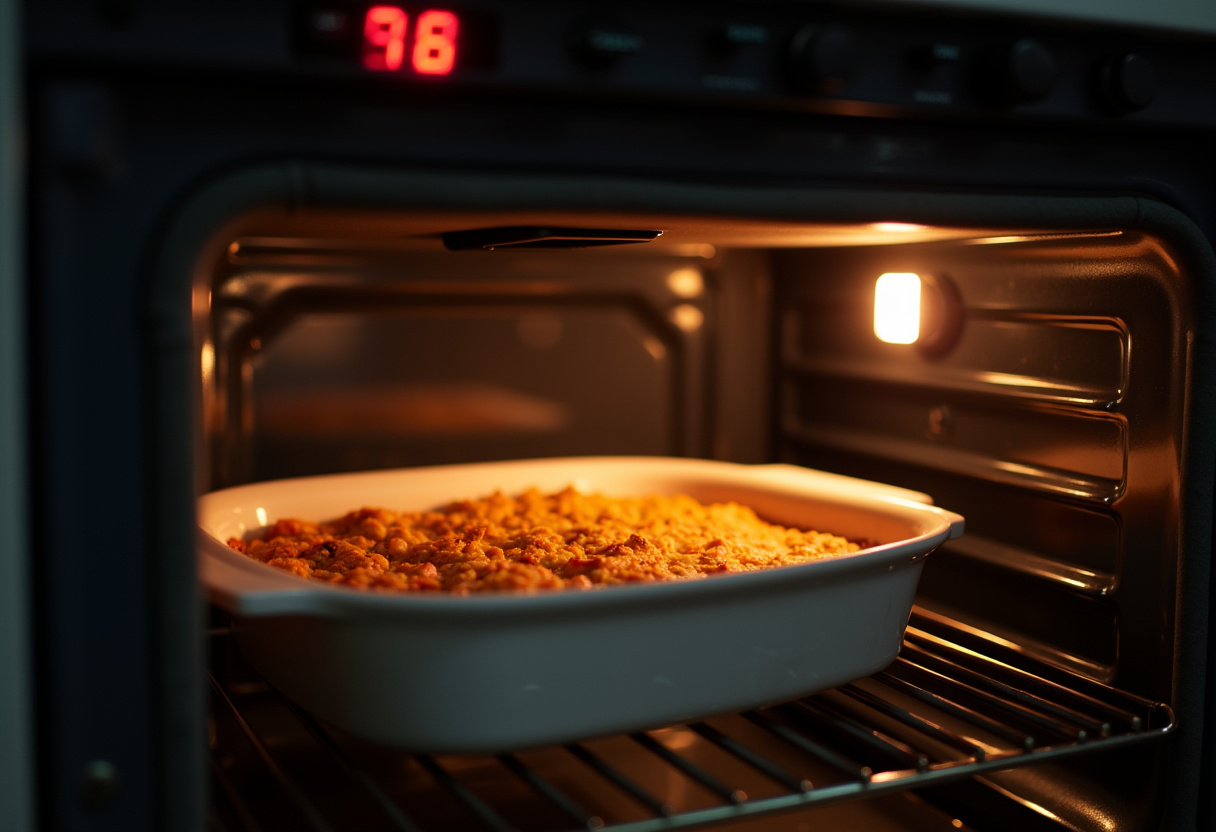 Preparing to bake the spaghetti casserole in the oven, demonstrating the next step in making baked cream cheese spaghetti casserole.