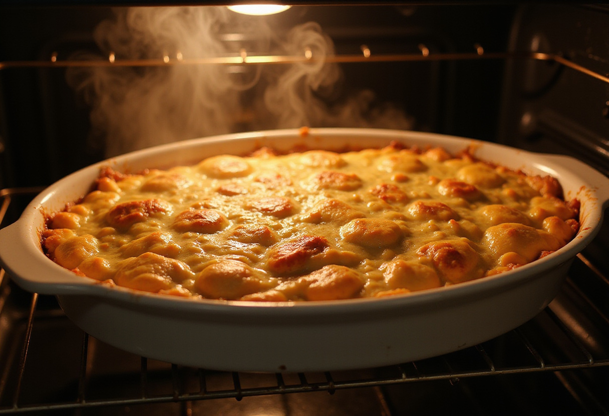 Freshly baked cream cheese spaghetti casserole with a perfect golden crust coming out of the oven.