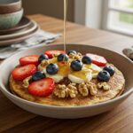 Delicious Baked Protein Pancake Bowls served with fresh fruits and maple syrup, a perfect healthy breakfast option.