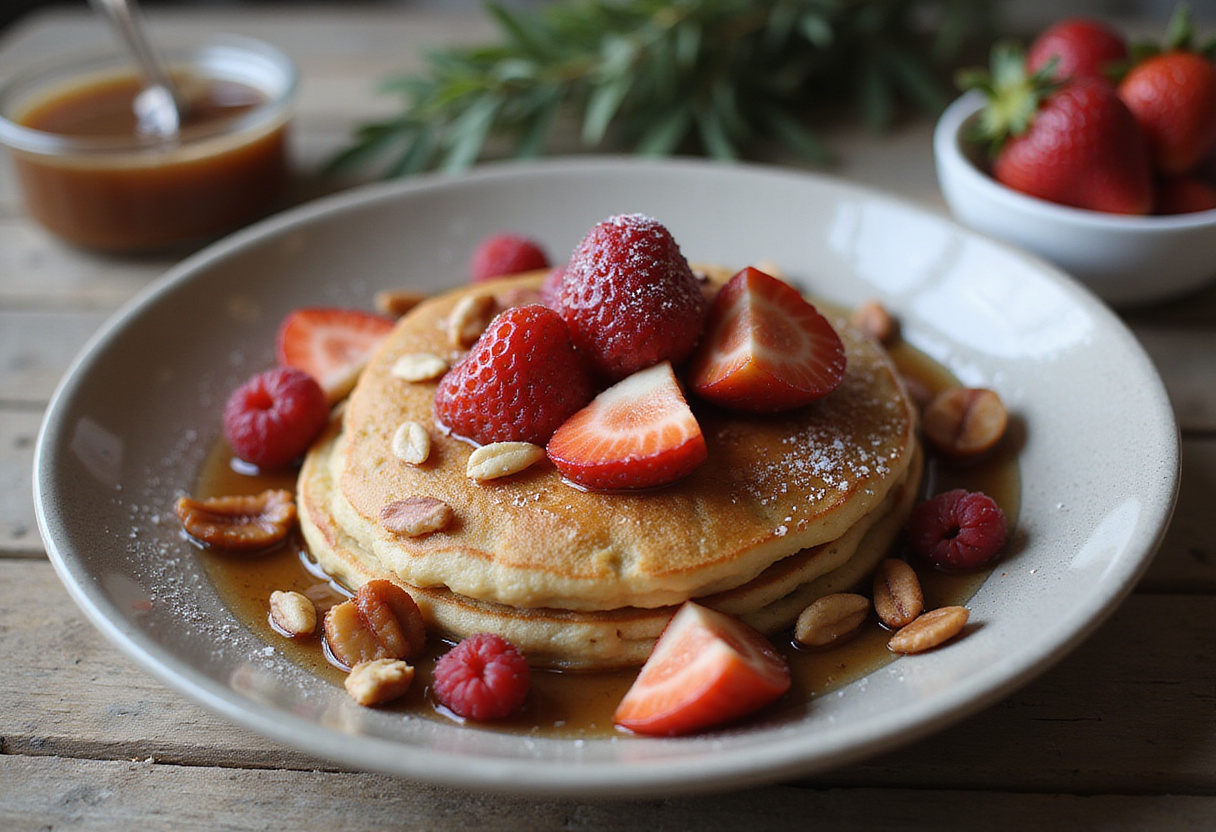 Delicious Baked Protein Pancake Bowls served with fresh fruits and maple syrup, a perfect healthy breakfast option.