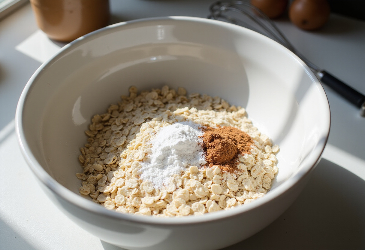 Healthy Baked Protein Pancake Bowls ingredients: oats, protein powder, baking powder in a cozy kitchen.