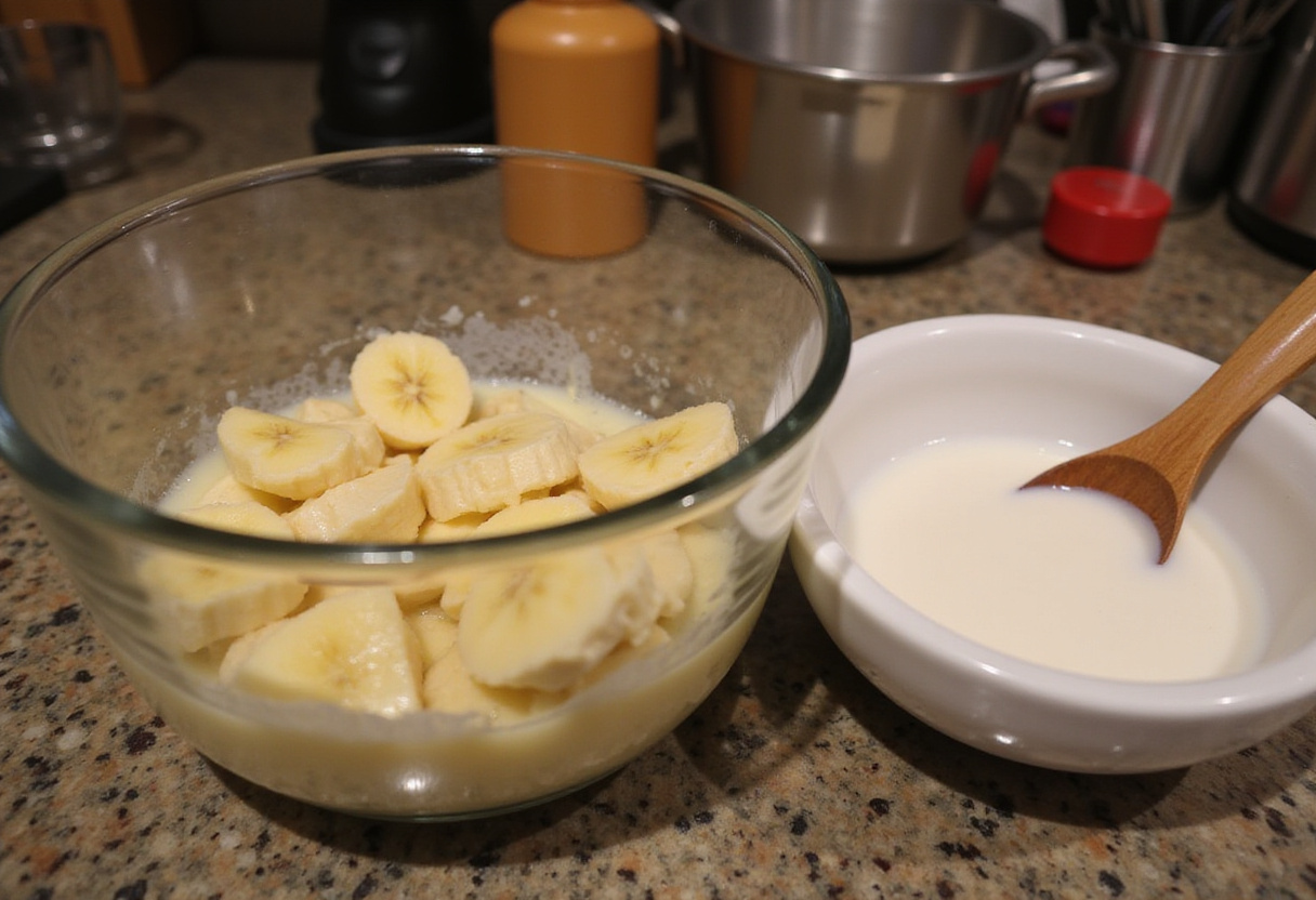 Sliced bananas ready for Baked Protein Pancake Bowls, showcasing fresh ingredients in a bright kitchen.