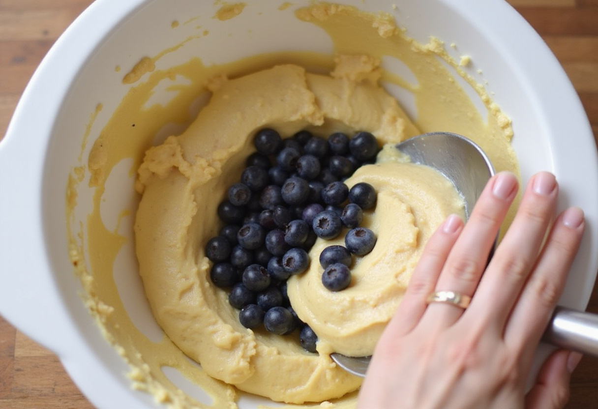 Mixing ingredients for Baked Protein Pancake Bowls: mashed bananas, egg whites, almond milk, and vanilla extract in a colorful kitchen.