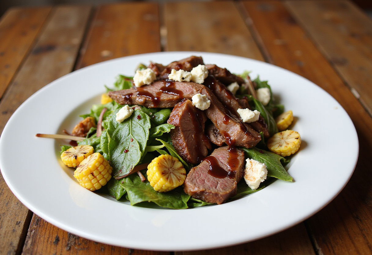 Final presentation of Balsamic Steak Gorgonzola Salad with grilled corn, highlighting the colorful and appetizing dish.