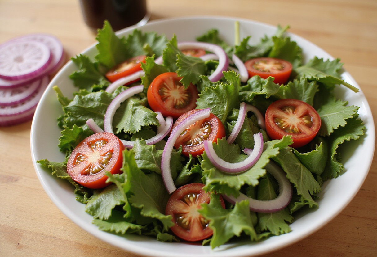 Fresh mixed greens salad with tomatoes and onions for Balsamic Steak Gorgonzola Salad.