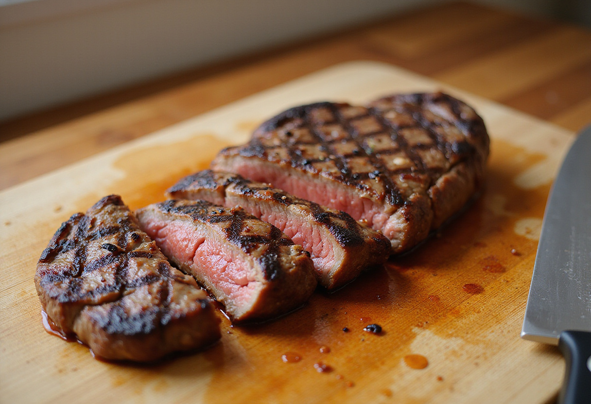 Grilled steak being prepared for Balsamic Steak Gorgonzola Salad, showcasing the grilling process.