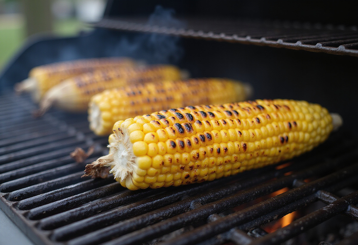 Grilling corn on the cob for Balsamic Steak Gorgonzola Salad, emphasizing the grilling technique.