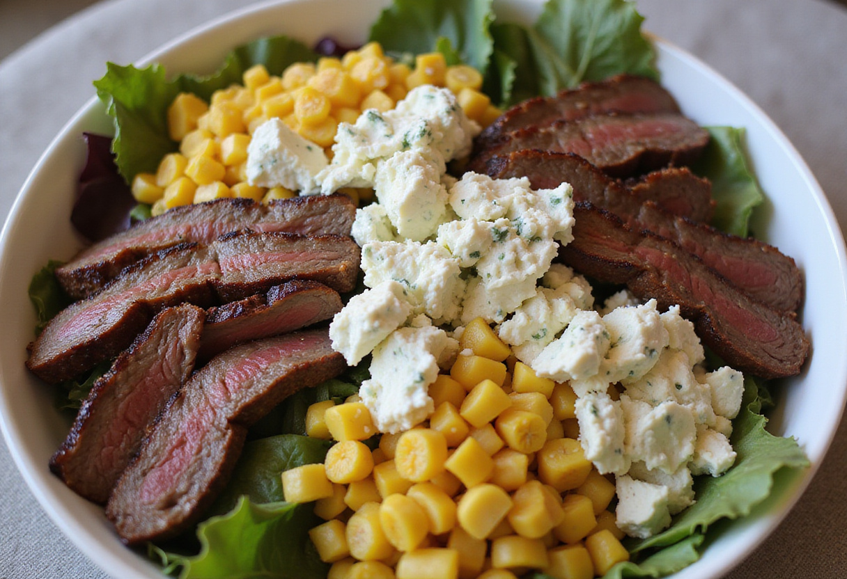 Assembling Balsamic Steak Gorgonzola Salad with grilled corn, showcasing a vibrant salad mix.