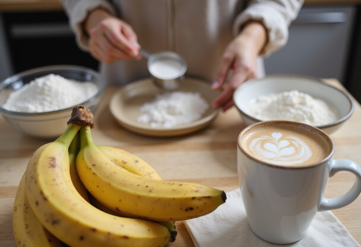 Preparation for Banana Bread Latte with ripe bananas and baking ingredients on the kitchen counter.
