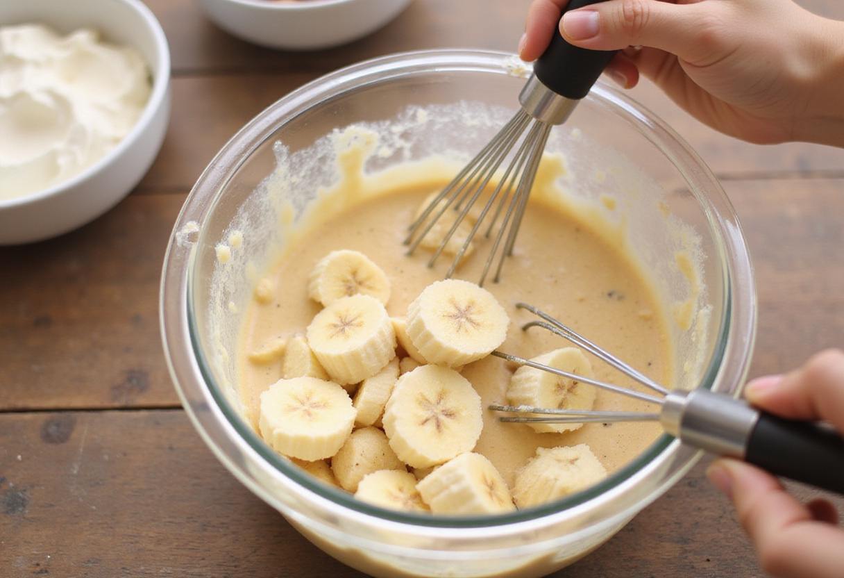 Mixing bananas for Banana Bread Latte to create a smooth batter in a bowl with whisk.