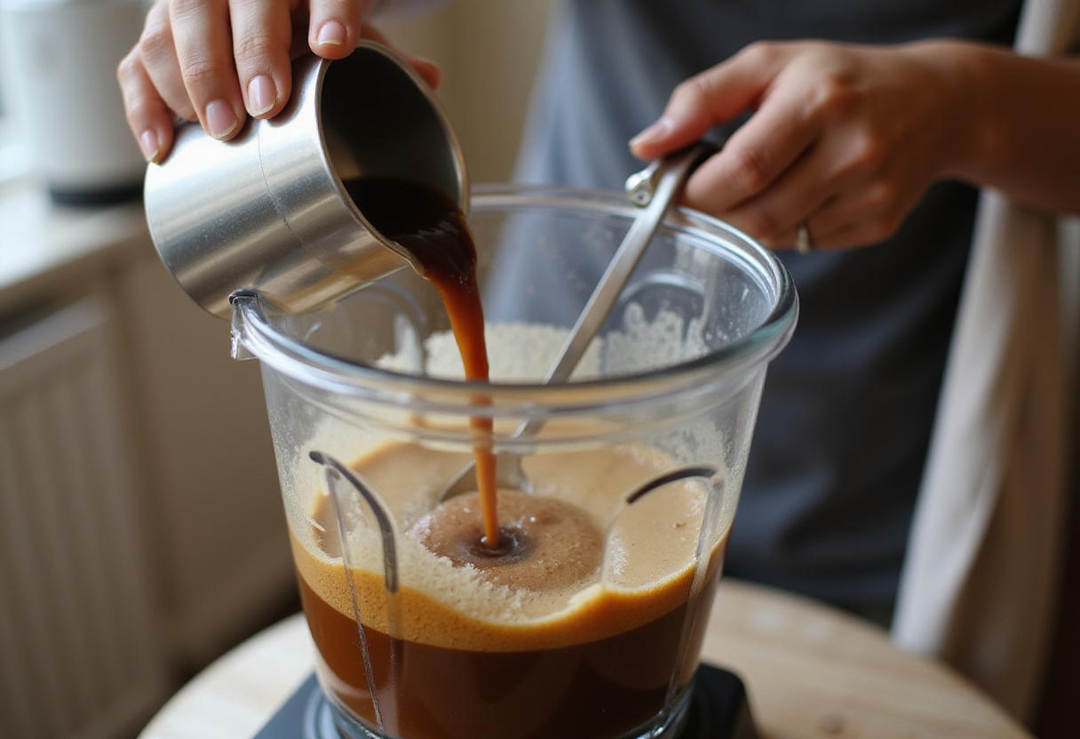 Combining espresso with banana mixture to create a rich Banana Bread Latte blend in a blender.