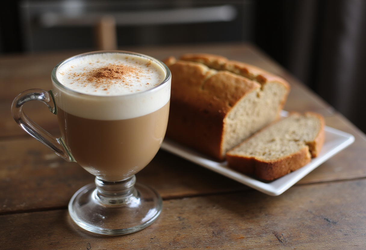 Final presentation of Banana Bread Latte served in a glass beside a loaf of banana bread, perfect for coffee lovers.