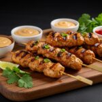 Mouthwatering Bang Bang Chicken Skewers showcase showcasing the grilled perfection and variety of dips, perfect for any occasion.