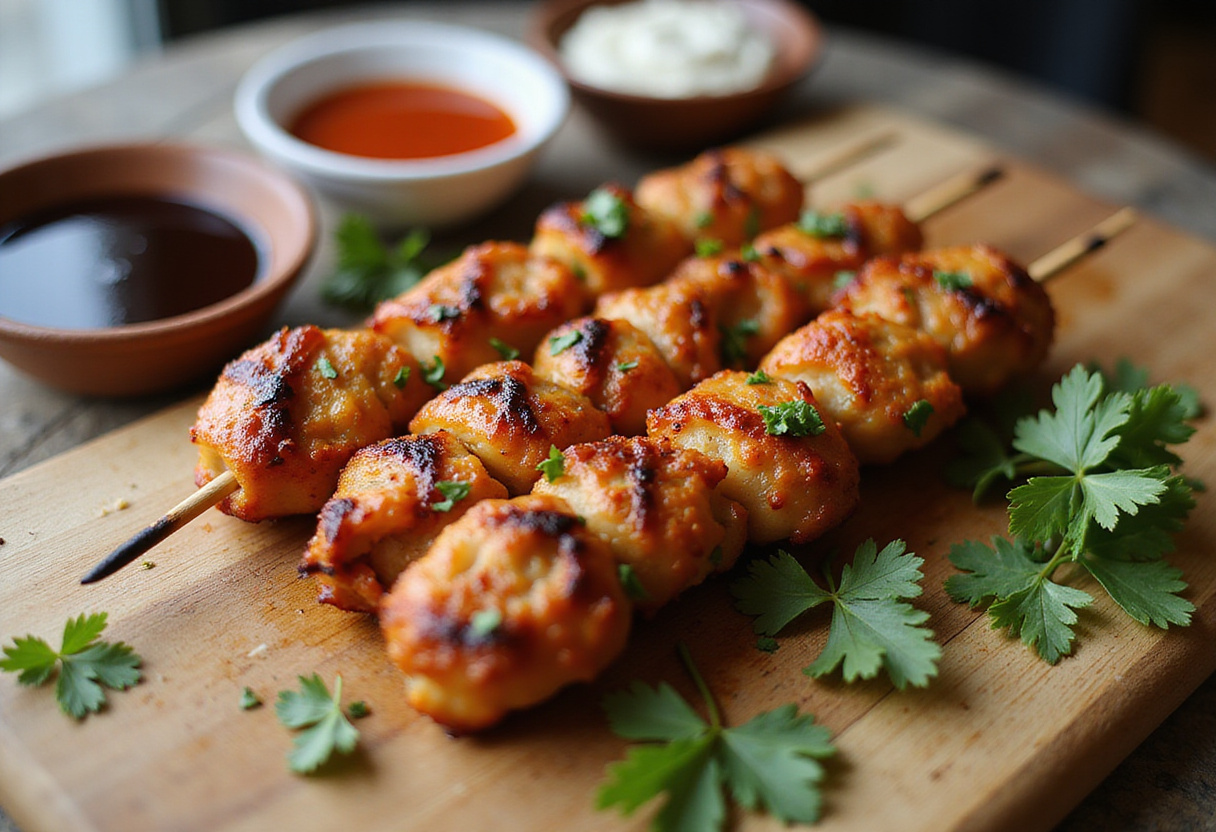 Mouthwatering Bang Bang Chicken Skewers showcase showcasing the grilled perfection and variety of dips, perfect for any occasion.